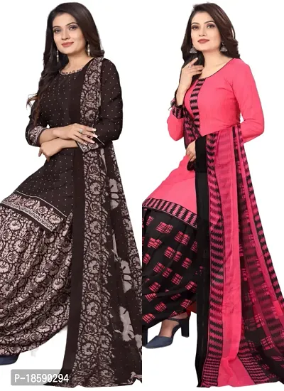 Brown  Pink Crepe Printed Dress Material with Dupatta For Women (Combo pack of 2)