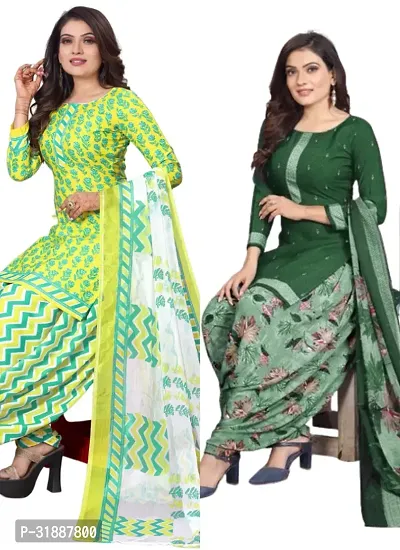 Elegant Multicoloured Cotton Printed Dress Material with Dupatta For Women (Combo Pack of 2)-thumb0