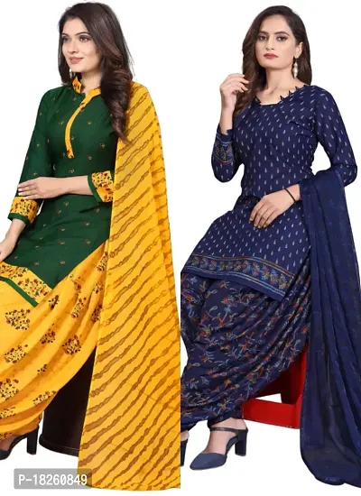 Green  Navy Blue Crepe Printed Dress Material with Dupatta For Women (Combo pack of 2)