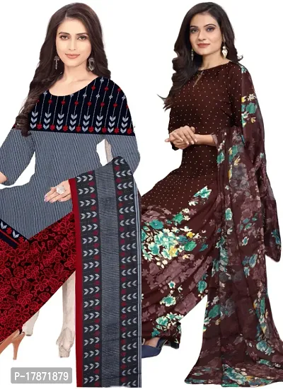 Grey  Brown Crepe Printed Dress Material with Dupatta For Women (Combo pack of 2)-thumb0