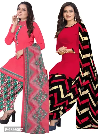 Pink  Red Crepe Printed Dress Material with Dupatta For Women (Combo pack of 2)