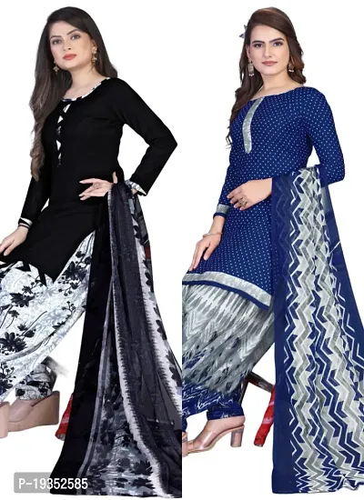 Black  Navy Blue Crepe Printed Dress Material with Dupatta For Women (Combo pack of 2)-thumb0