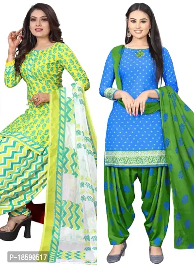 Yellow  Blue Crepe Printed Dress Material with Dupatta For Women (Combo pack of 2)