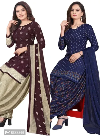 Wine  Navy Blue Crepe Printed Dress Material with Dupatta For Women (Combo pack of 2)-thumb0