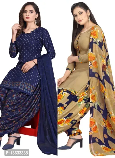 Navy Blue  Beige Crepe Printed Dress Material with Dupatta For Women (Combo pack of 2)-thumb0