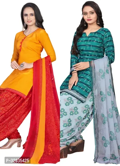 Elegant Multicoloured Cotton Printed Dress Material with Dupatta For Women (Combo Pack of 2)-thumb0