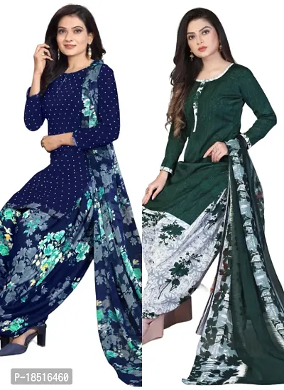 Navy Blue  Green Crepe Printed Dress Material with Dupatta For Women (Combo pack of 2)