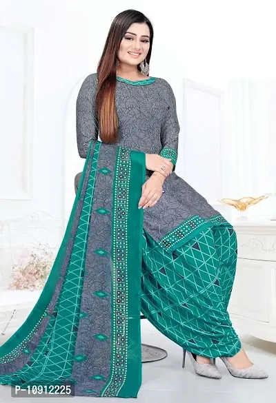 Elegant Grey Crepe Ethnic Print Dress Material with Dupatta For Women