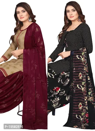 Beige  Black Crepe Printed Dress Material with Dupatta For Women (Combo pack of 2)