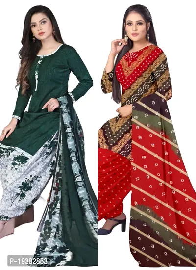 Green  Multicolor Crepe Printed Dress Material with Dupatta For Women (Combo pack of 2)