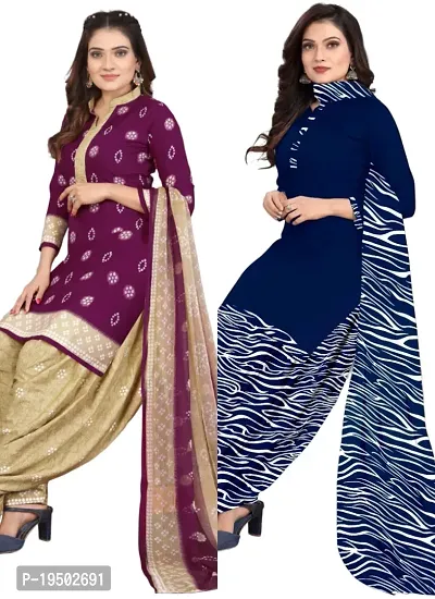 Purple  Navy Blue Crepe Printed Dress Material with Dupatta For Women (Combo pack of 2)