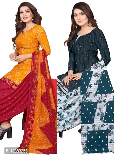 Orange  Multicolor Crepe Printed Dress Material with Dupatta For Women (Combo pack of 2)