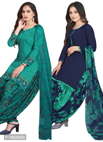 Teal  Blue Crepe Printed Dress Material with Dupatta For Women (Combo pack of 2)