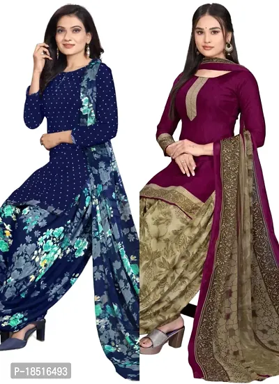 Navy Blue  Wine Crepe Printed Dress Material with Dupatta For Women (Combo pack of 2)