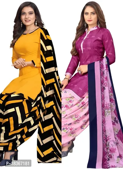 Yellow  Pink Crepe Printed Dress Material with Dupatta For Women (Combo pack of 2)