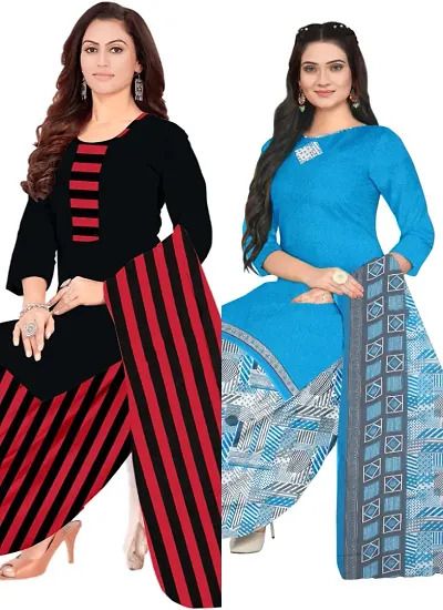 Stylish Cotton Blend Printed Unstitched Suits - Pack Of 2