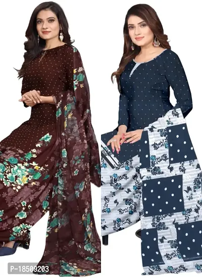 Brown  Multicolor Crepe Printed Dress Material with Dupatta For Women (Combo pack of 2)-thumb0