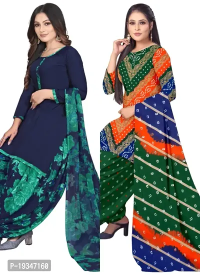 Blue  Multicolor Crepe Printed Dress Material with Dupatta For Women (Combo pack of 2)