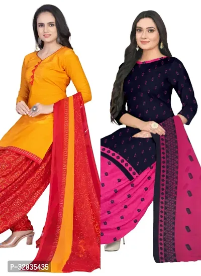 Elegant Multicoloured Cotton Printed Dress Material with Dupatta For Women (Combo Pack of 2)-thumb0