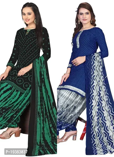 Black  Navy Blue Crepe Printed Dress Material with Dupatta For Women (Combo pack of 2)-thumb0