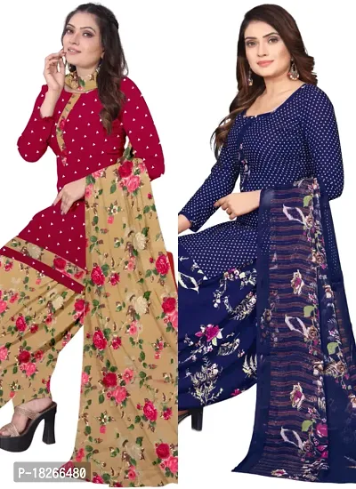 Red  Navy Blue Crepe Printed Dress Material with Dupatta For Women (Combo pack of 2)