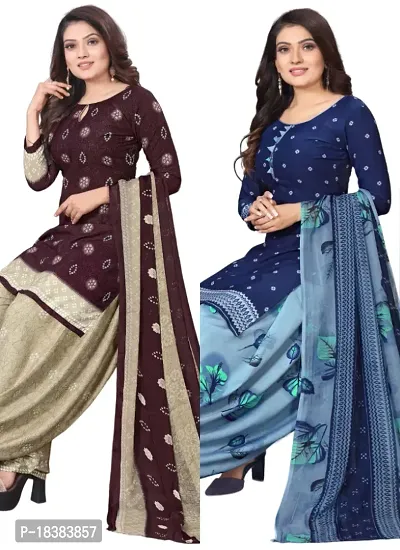 Wine  Blue Crepe Printed Dress Material with Dupatta For Women (Combo pack of 2)-thumb0