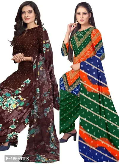 Brown  Multicolor Crepe Printed Dress Material with Dupatta For Women (Combo pack of 2)