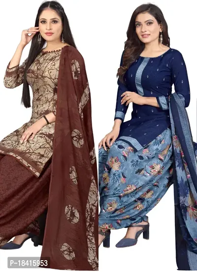 Beige  Blue Crepe Printed Dress Material with Dupatta For Women (Combo pack of 2)