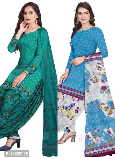 Teal  Blue Crepe Printed Dress Material with Dupatta For Women (Combo pack of 2)-thumb0