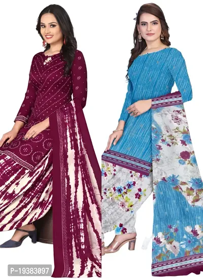 Maroon  Blue Crepe Printed Dress Material with Dupatta For Women (Combo pack of 2)