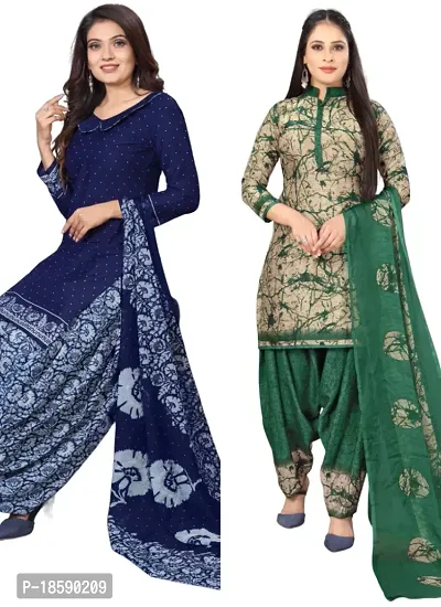 Navy Blue  Beige Crepe Printed Dress Material with Dupatta For Women (Combo pack of 2)