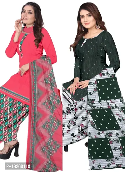 Pink  Green Crepe Printed Dress Material with Dupatta For Women (Combo pack of 2)