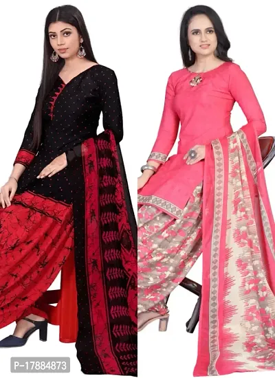 Black  Pink Crepe Printed Dress Material with Dupatta For Women (Combo pack of 2)-thumb0