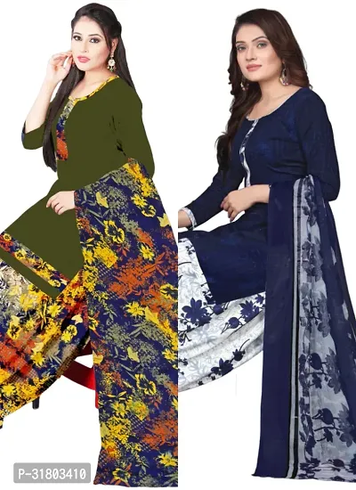 Elegant Multicoloured Cotton Printed Dress Material with Dupatta For Women (Combo Pack of 2)-thumb0