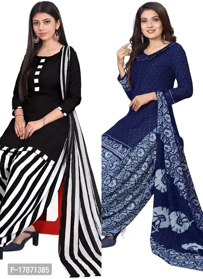 Black  Navy Blue Crepe Printed Dress Material with Dupatta For Women (Combo pack of 2)-thumb0