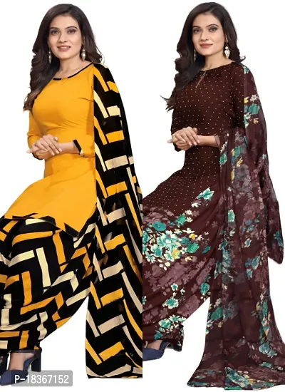 Yellow  Brown Crepe Printed Dress Material with Dupatta For Women (Combo pack of 2)-thumb0