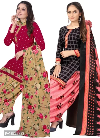 Red  Black Crepe Printed Dress Material with Dupatta For Women (Combo pack of 2)