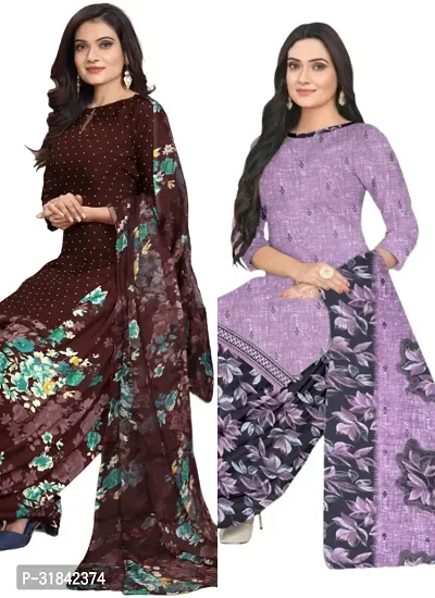 Elegant Multicoloured Cotton Printed Dress Material with Dupatta For Women (Combo Pack of 2)-thumb0