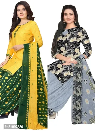 Elegant Multicoloured Cotton Printed Dress Material with Dupatta For Women (Combo Pack of 2)-thumb0