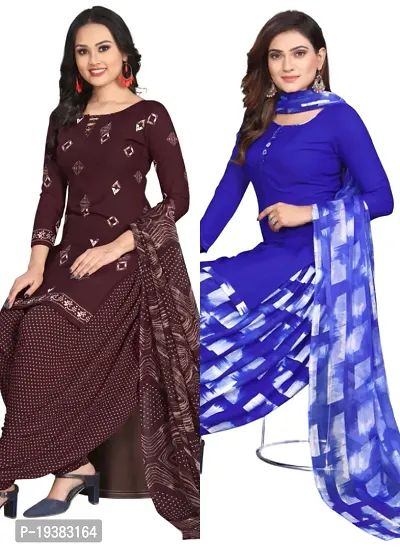 Wine  Blue Crepe Printed Dress Material with Dupatta For Women (Combo pack of 2)