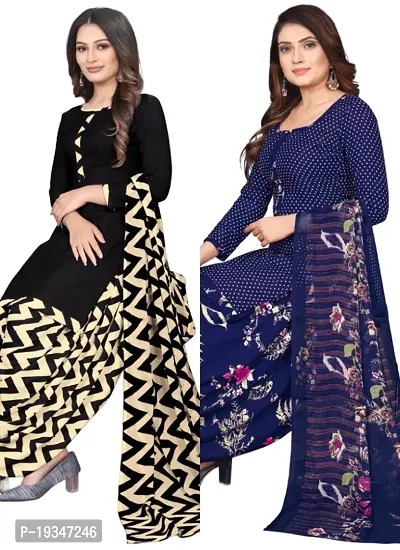 Black  Navy Blue Crepe Printed Dress Material with Dupatta For Women (Combo pack of 2)