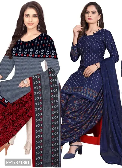 Grey  Navy Blue Crepe Printed Dress Material with Dupatta For Women (Combo pack of 2)