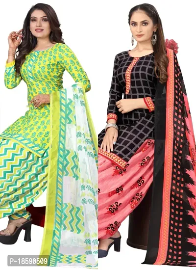 Yellow  Black Crepe Printed Dress Material with Dupatta For Women (Combo pack of 2)