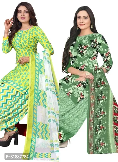 Elegant Multicoloured Cotton Printed Dress Material with Dupatta For Women (Combo Pack of 2)-thumb0