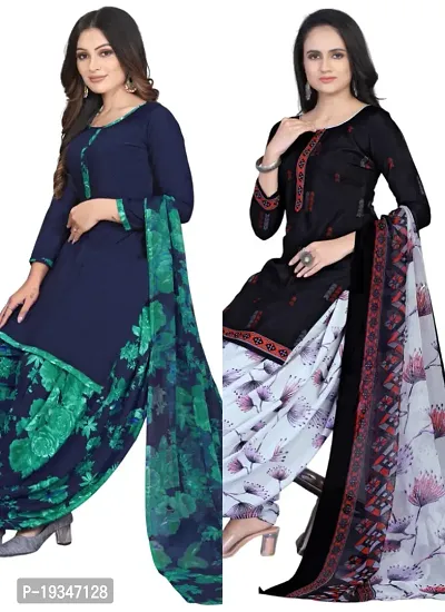 Blue  Navy Blue Crepe Printed Dress Material with Dupatta For Women (Combo pack of 2)