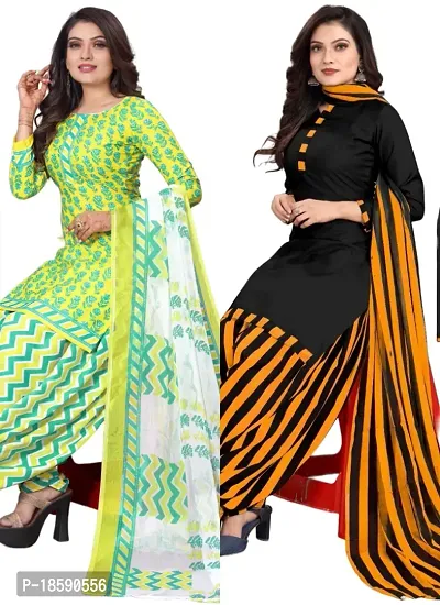 Yellow  Black Crepe Printed Dress Material with Dupatta For Women (Combo pack of 2)