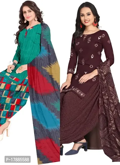 Turquoise  Wine Crepe Printed Dress Material with Dupatta For Women (Combo pack of 2)-thumb0