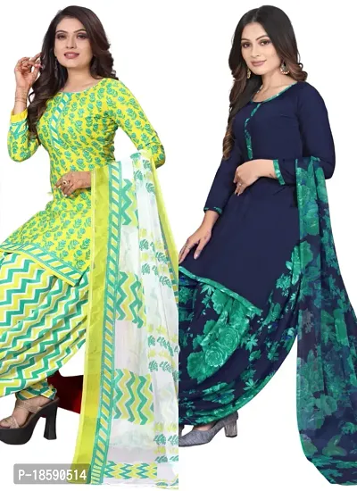 Yellow  Blue Crepe Printed Dress Material with Dupatta For Women (Combo pack of 2)