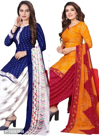 Navy Blue  Orange Crepe Printed Dress Material with Dupatta For Women (Combo pack of 2)-thumb0