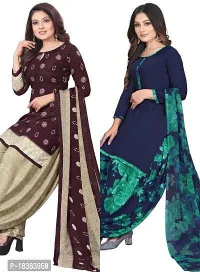 Wine  Blue Crepe Printed Dress Material with Dupatta For Women (Combo pack of 2)-thumb0